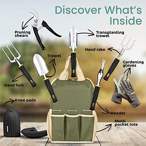 Garden Tools Set & Tote Bag, 9-Pc. – Multi-Pocket Bag with Knee Pads, 6 Aluminium Alloy Hand Tools, & 1-Size-Fits-All Gardening Gloves – Heavy-Duty, Stylish Planting Tool Kit by botana