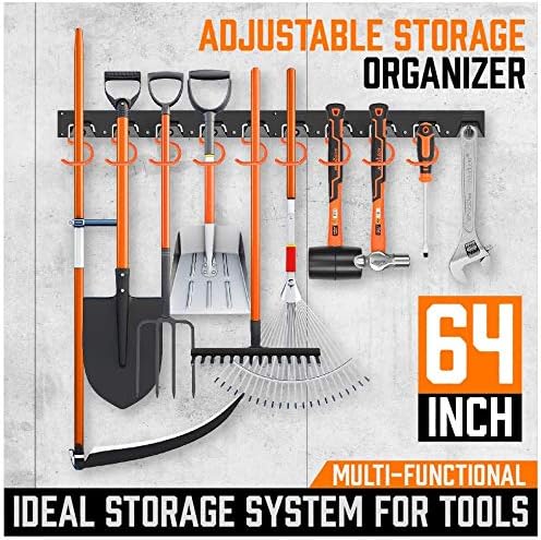 64 Inch Adjustable Garden Storage System, Wall Mount Tool Organizer, Tool Hangers for Mop and Broom Holder Shovel, Rake, Broom, Mop Holder, Etc.