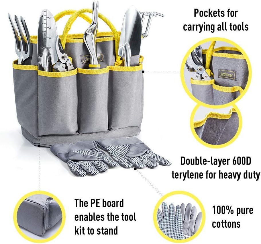 Garden Tools Set, 8PCS Heavy Duty Garden Tool Kit with Outdoor Hand Tools, Garden Gloves and Storage Tote Bag