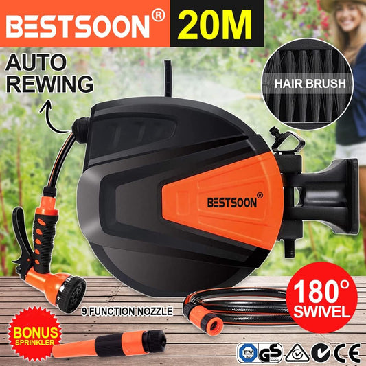 BESTSOON 20M Retractable Garden Hose Reel, Wall Mounted Hose Reel, with 9- Function Sprayer Nozzle, Any Length Lock/Slow Return System/Wall Mounted/180°Swivel Bracket