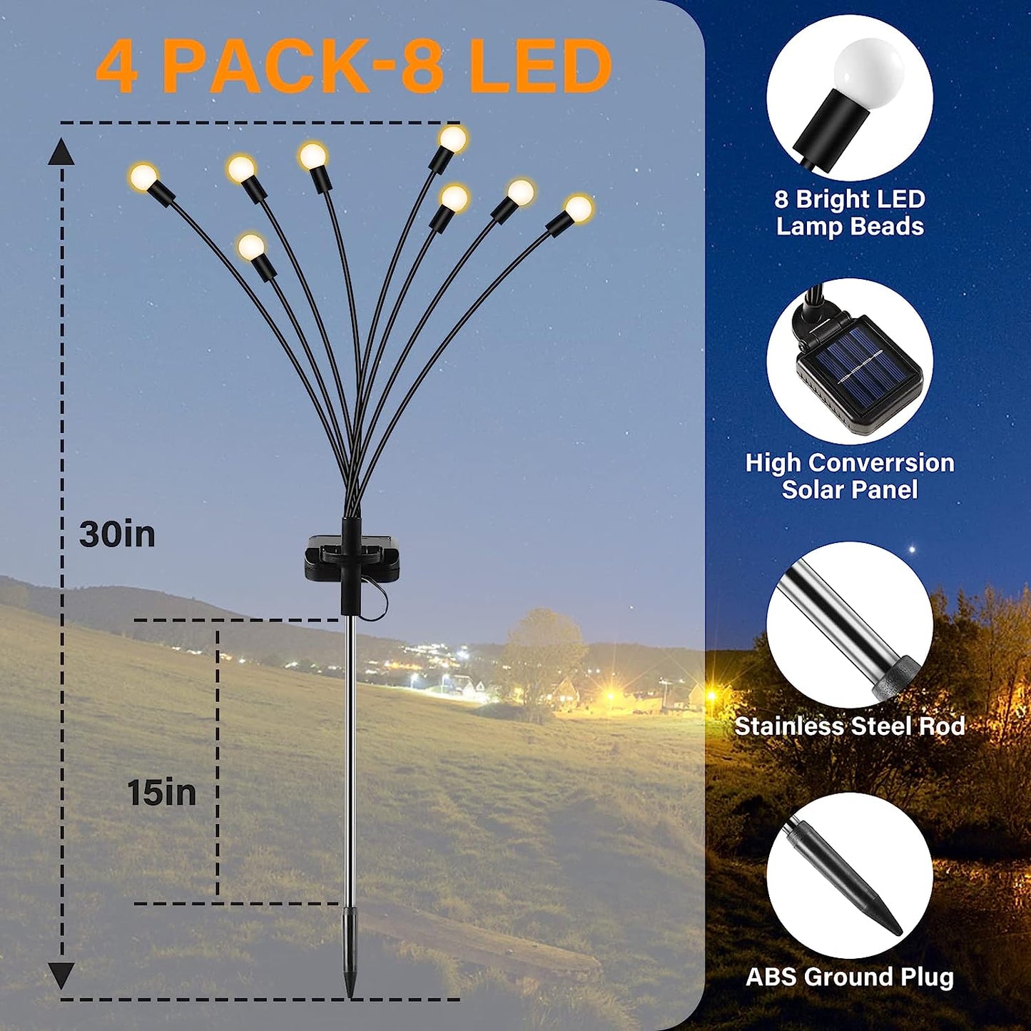 4 Pack Solar Garden Lights, New Upgraded 8 LED Firefly Waterproof Solar Powered High Flexibility Swaying Outdoor Lights