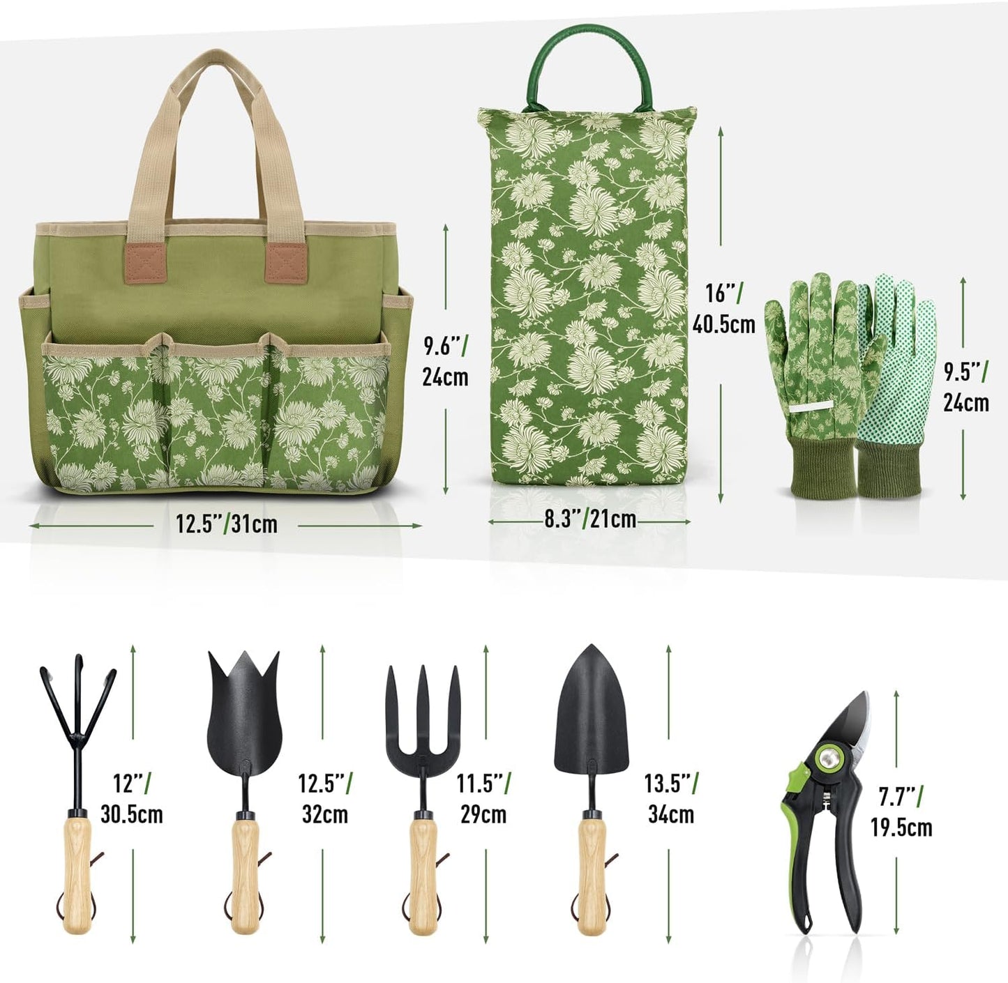 Garden Tools Set, 8 Piece, Heavy Duty Gardening Tools with Wooden Handle, Including Garden Tote, Kneeling Pad, Gloves, Pruner, Trowel, Tulip Trowel, Cultivator - Gardening Gifts for Women Men