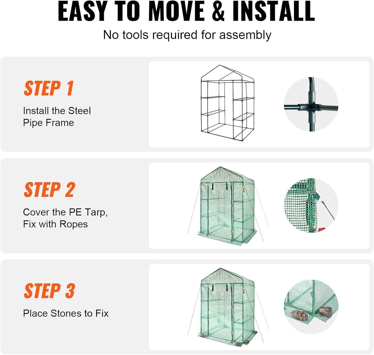 Walk-in Green House, 4.6 x 2.4 x 6.7 ft Greenhouse with Shelves, High Strength PE Cover with Doors & Windows and Steel Frame, Set Up in Minutes, Suitable for Planting and Storage