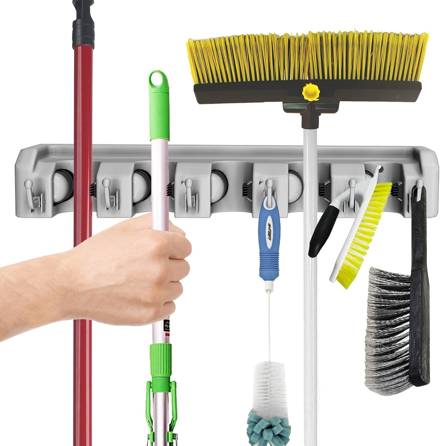 Wall Organizer with Adjustable Slots and Hooks - Wall-Mounted Tool and Broom Holder