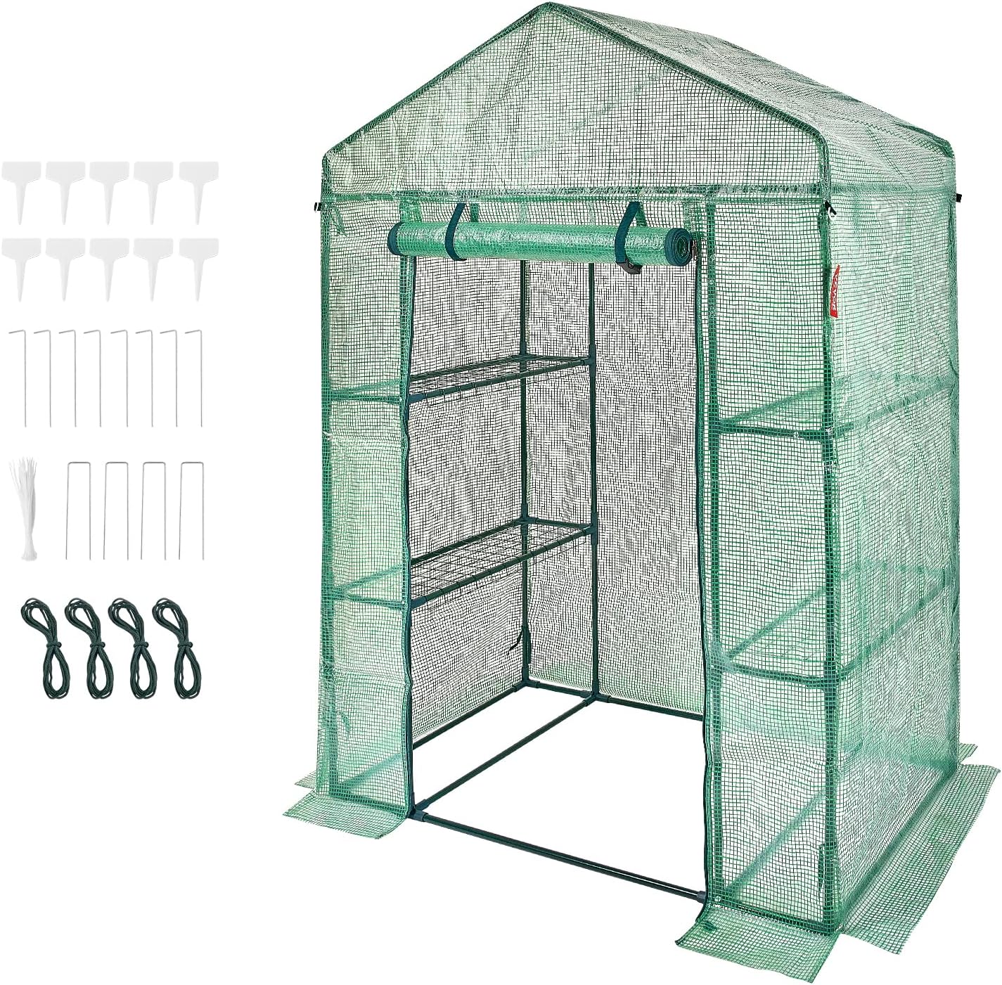 Walk-in Green House, 4.6 x 2.4 x 6.7 ft Greenhouse with Shelves, High Strength PE Cover with Doors & Windows and Steel Frame, Set Up in Minutes, Suitable for Planting and Storage