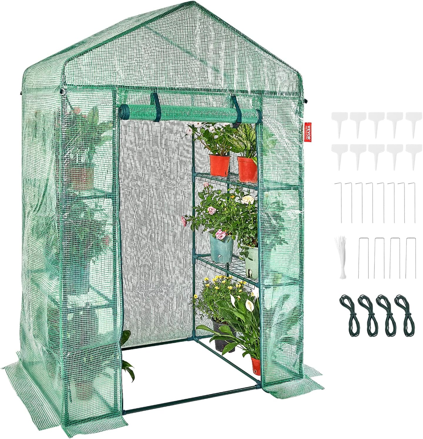 Walk-in Green House, 4.6 x 2.4 x 6.7 ft Greenhouse with Shelves, High Strength PE Cover with Doors & Windows and Steel Frame, Set Up in Minutes, Suitable for Planting and Storage