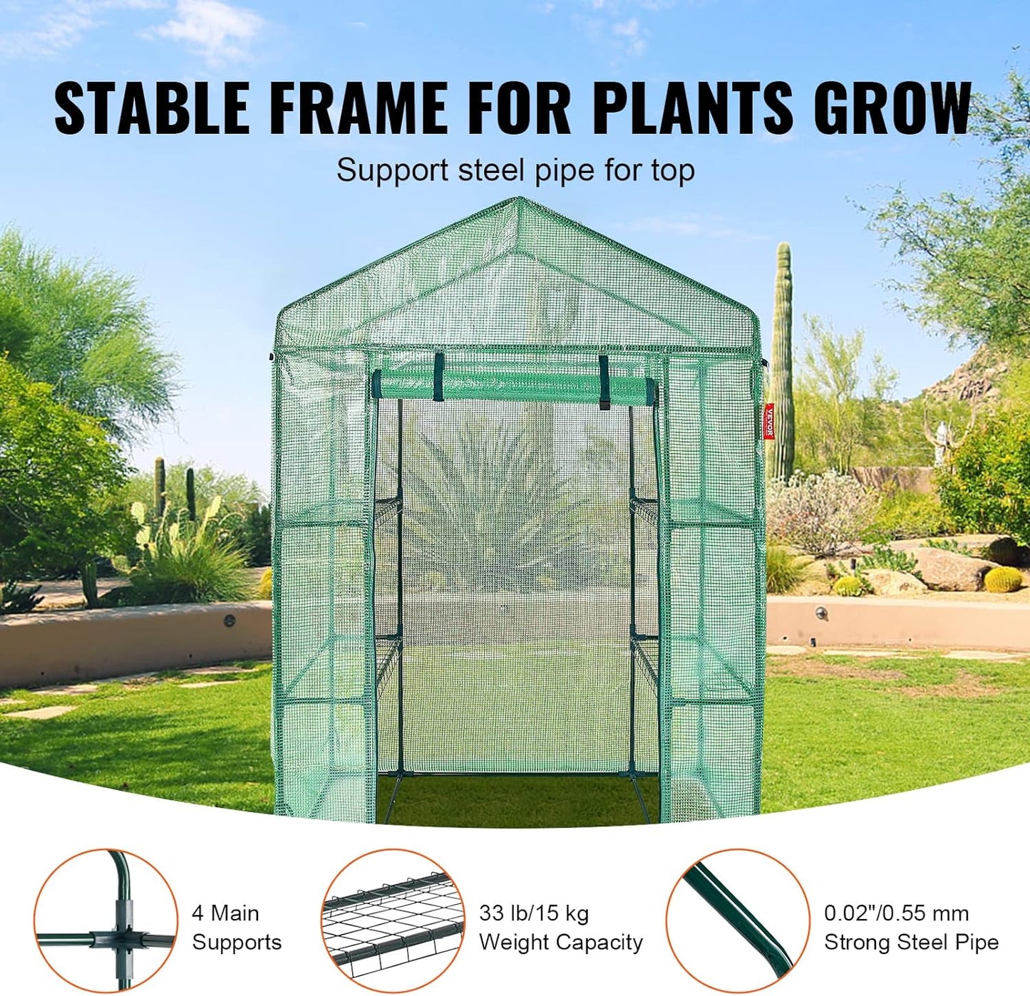 Walk-in Green House, 4.6 x 2.4 x 6.7 ft Greenhouse with Shelves, High Strength PE Cover with Doors & Windows and Steel Frame, Set Up in Minutes, Suitable for Planting and Storage