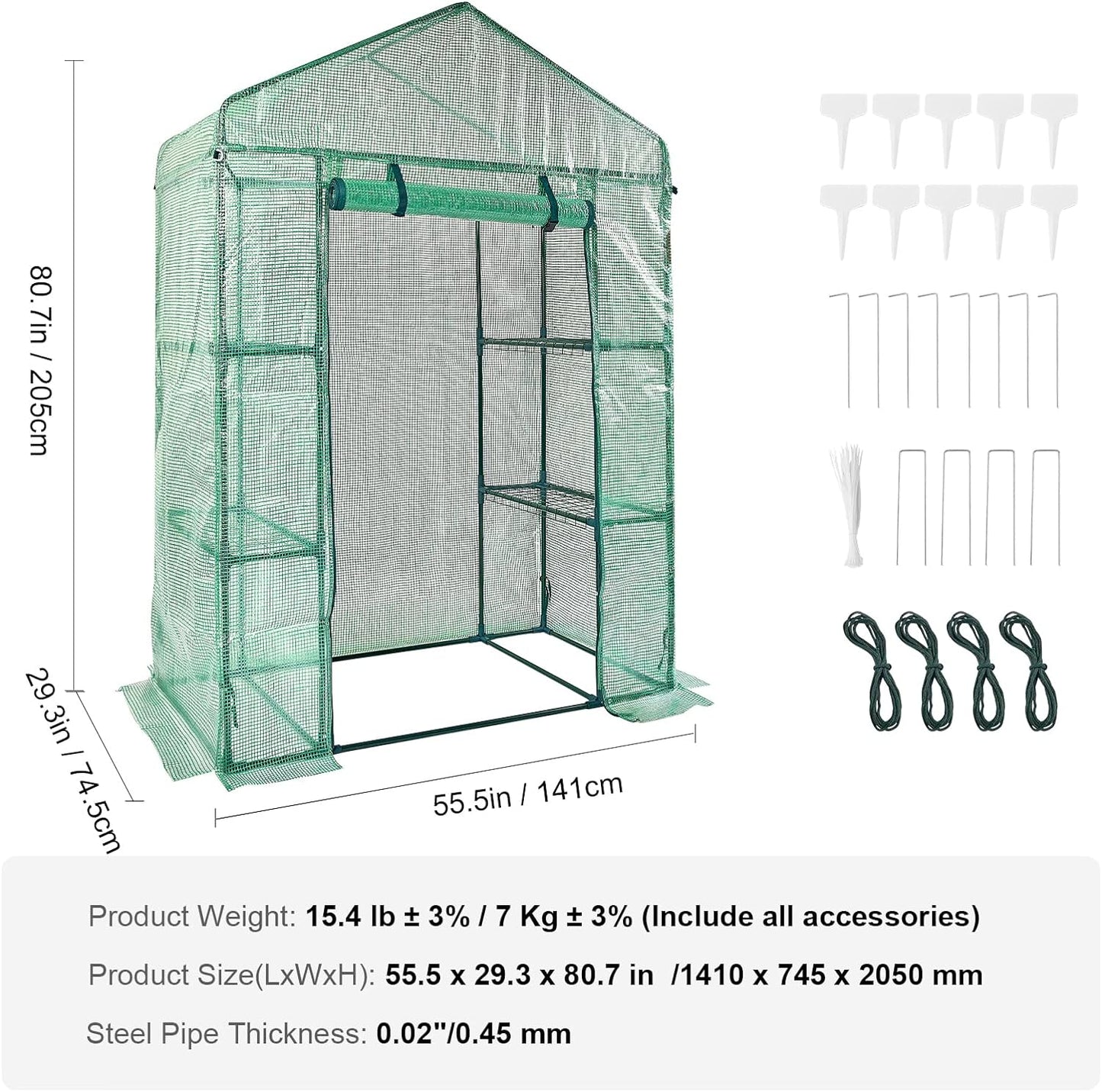 Walk-in Green House, 4.6 x 2.4 x 6.7 ft Greenhouse with Shelves, High Strength PE Cover with Doors & Windows and Steel Frame, Set Up in Minutes, Suitable for Planting and Storage