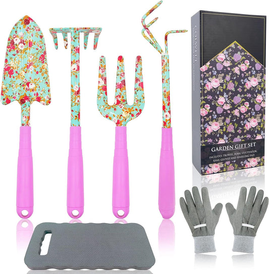 Gardening Tool Set - 6PCS Heavy Duty Garden Tools Kit, Floral Print Garden Tool Set with Non-Slip Handle, Gardening Supplies Gifts for Women