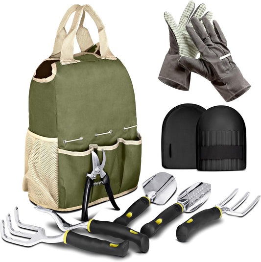 Garden Tools Set & Tote Bag, 9-Pc. – Multi-Pocket Bag with Knee Pads, 6 Aluminium Alloy Hand Tools, & 1-Size-Fits-All Gardening Gloves – Heavy-Duty, Stylish Planting Tool Kit by botana