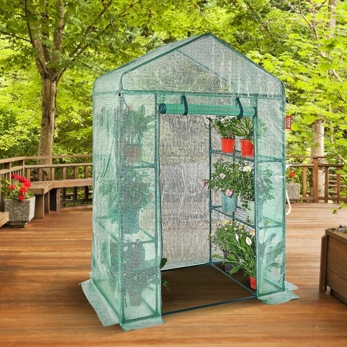 Walk-in Green House, 4.6 x 2.4 x 6.7 ft Greenhouse with Shelves, High Strength PE Cover with Doors & Windows and Steel Frame, Set Up in Minutes, Suitable for Planting and Storage