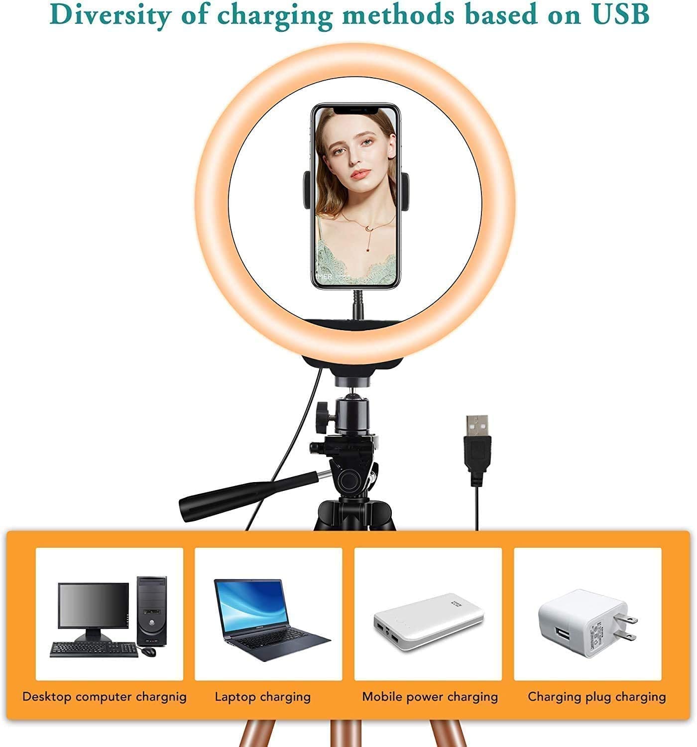 Selfie Ring Light with Tripod Stand, Ring light with Remote & Phone Holder for YouTube/Tiktok Stream/Makeup, LED Circle Light Tripod (Brown)