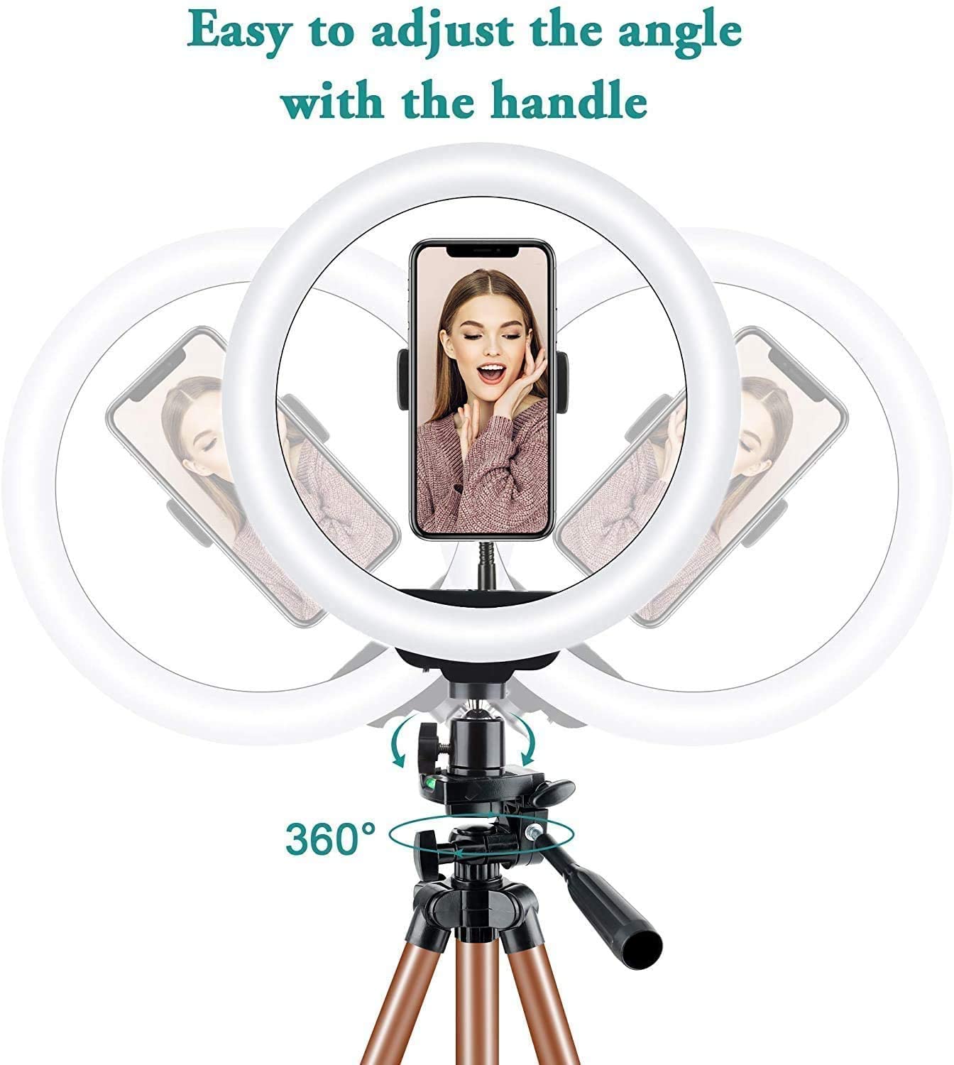 Selfie Ring Light with Tripod Stand, Ring light with Remote & Phone Holder for YouTube/Tiktok Stream/Makeup, LED Circle Light Tripod (Brown)