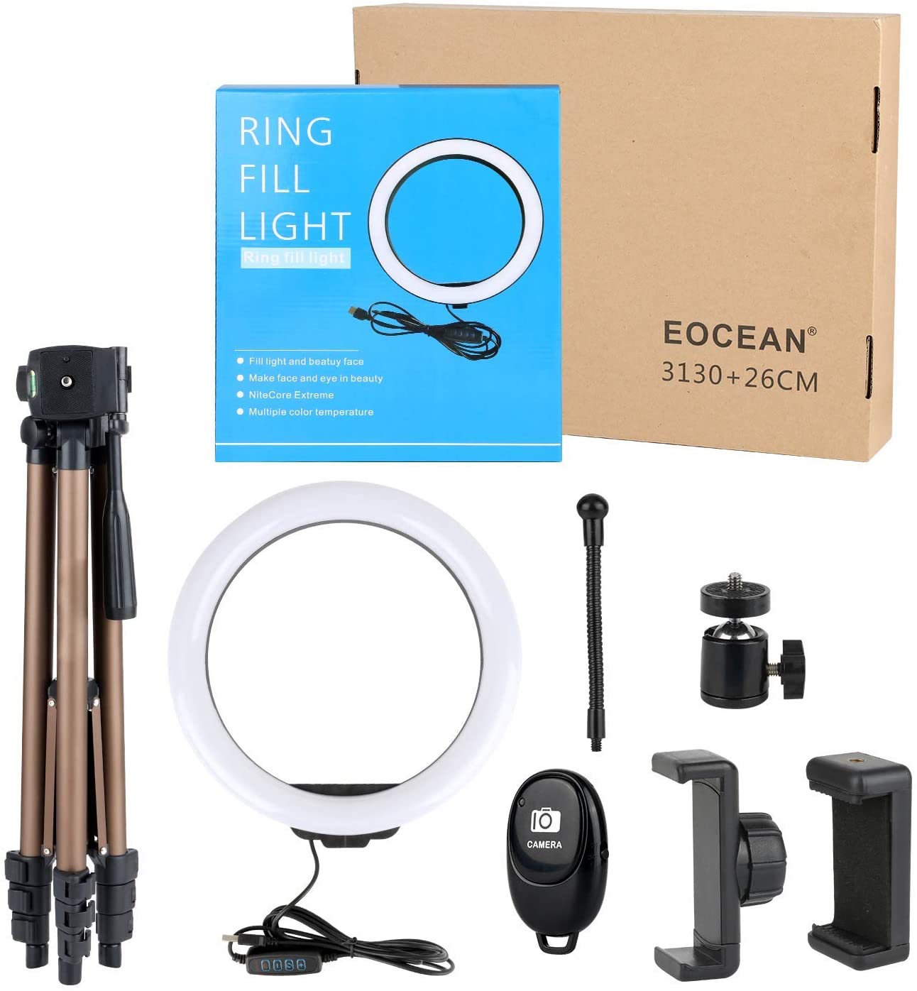 Selfie Ring Light with Tripod Stand, Ring light with Remote & Phone Holder for YouTube/Tiktok Stream/Makeup, LED Circle Light Tripod (Brown)