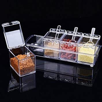 Clear Seasoning Rack Spice Pots by AIQI - 4 Piece Acrylic Seasoning Box - Storage Container Condiment Jars - Cruet with Cover and Spoon