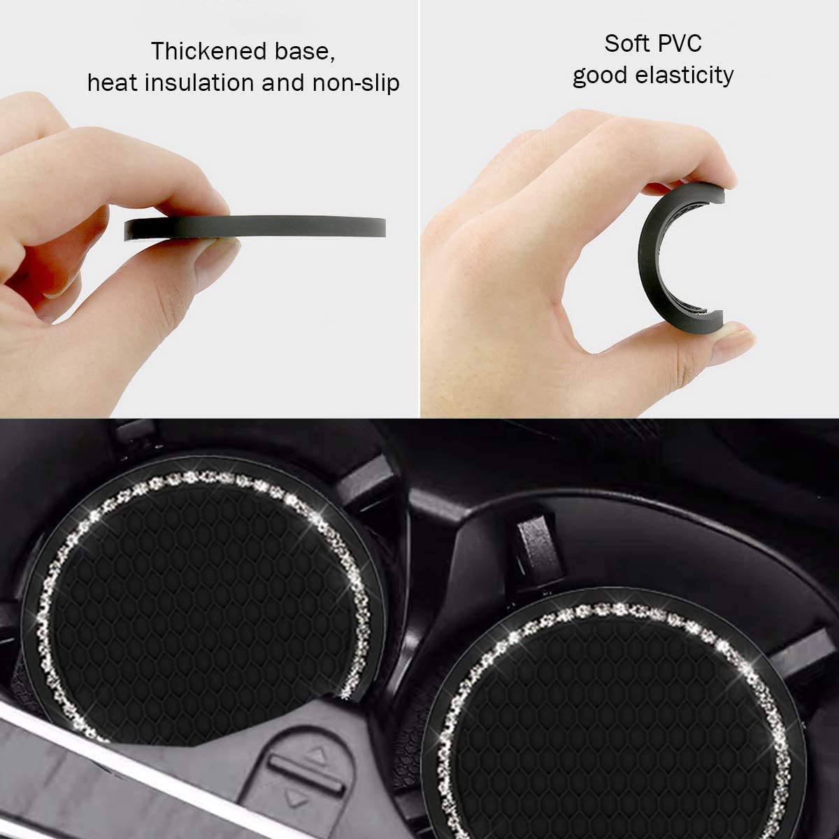 Universal Car Bling Cup Holder Insert Coaster Car Interior Accessories 7 cm(2.75 inch) Silicone Anti Slip Crystal Rhinestone Vehicle Coaster 2 pcs