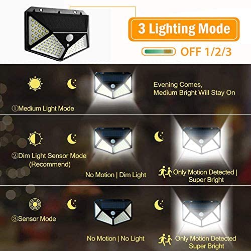 100 LED Solar Light Outdoor PIR Motion Sensor 3 Modes  Wall Lamp Four-Sided Waterproof, Garden Yard, Patio Yard