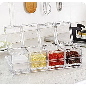 Clear Seasoning Rack Spice Pots by AIQI - 4 Piece Acrylic Seasoning Box - Storage Container Condiment Jars - Cruet with Cover and Spoon