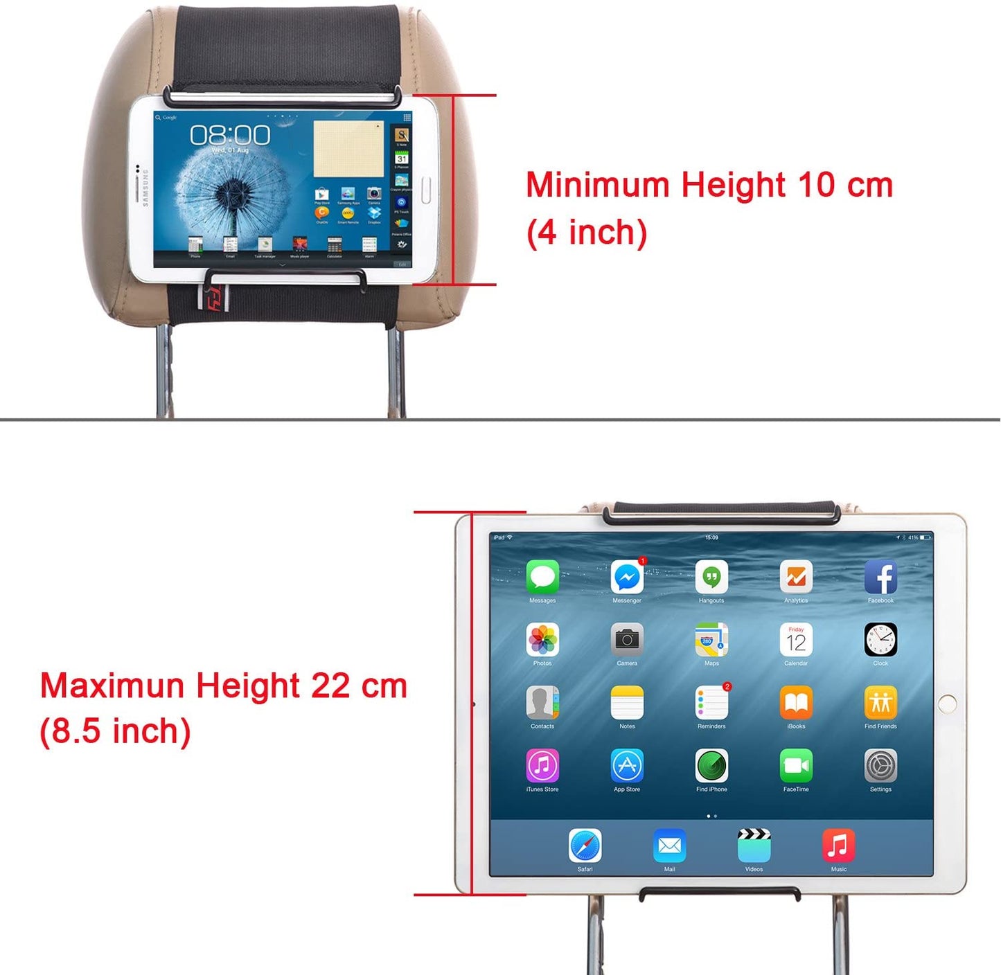 Universal Car Headrest Mount Holder with Angle- Adjustable Holding Clamp for 6-12.9 Inch Tablets