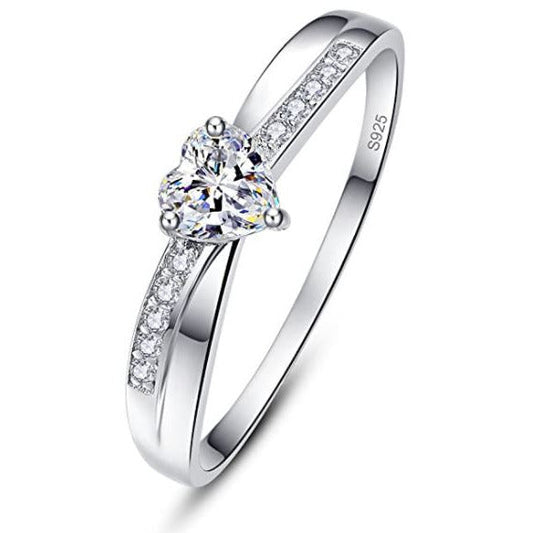 Women's Solid 925 Sterling Silver Heart Cut Cubic Zirconia Eternity Solitaire Engagement Ring