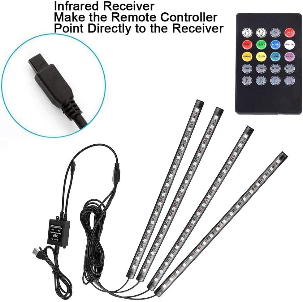 Car LED Strip Light, Uniwit 4 Pcs Multicolor USB Lights for Car, TV, Home with Sound Active Function, Wireless Remote Control