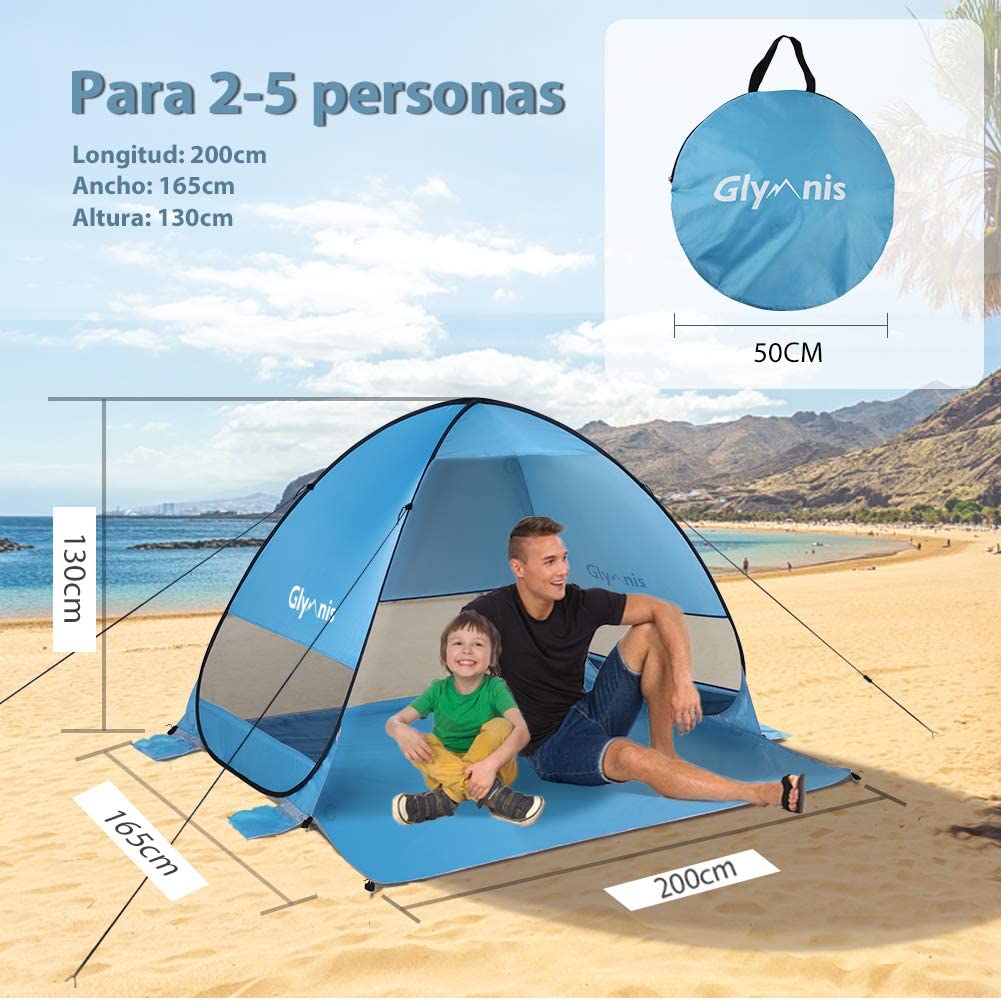 Glymnis Beach Tent Pop Up Tent Beach Sun Shelter Portable Sun Shade UPF 50+ for Outdoor Activities with Carry Bag Blue