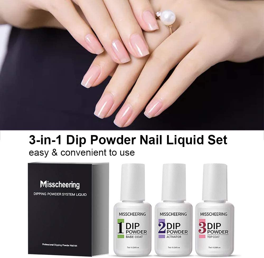 Adaskala 3-in-1 Dip Powder Nail Liquid Set Glue Kit Including Base Coat, Top Coat, Activator Nail Tools