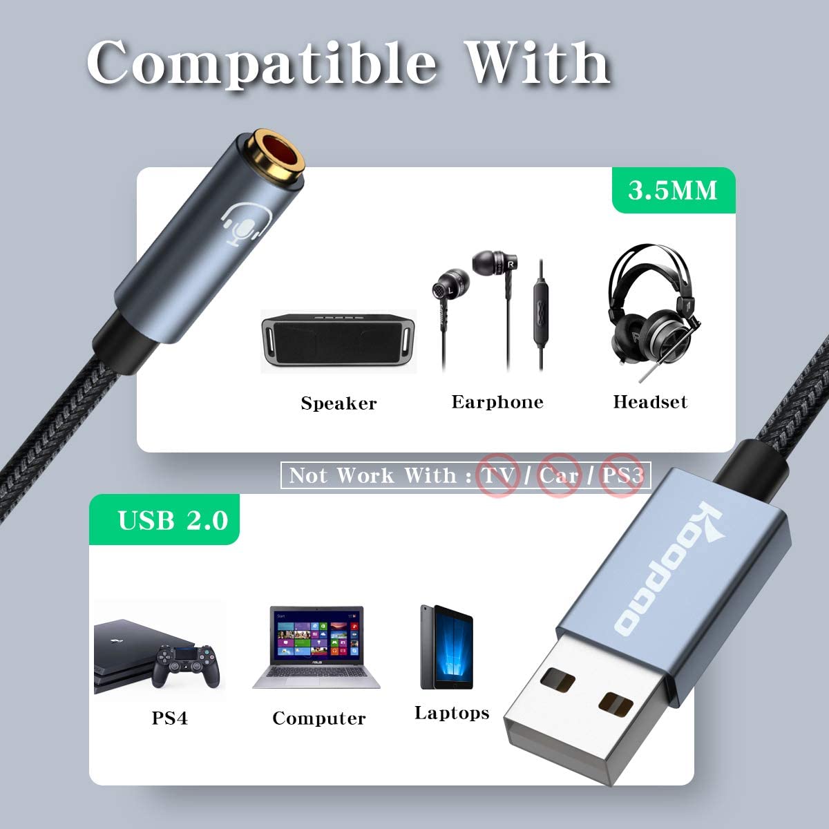 USB to 3.5mm Jack Audio Adapter, Koopao 2in1 External USB Sound Card, 3.5mm Aux to USB to Audio Jack Sound Adapter Jack for PC, PS4, Laptop