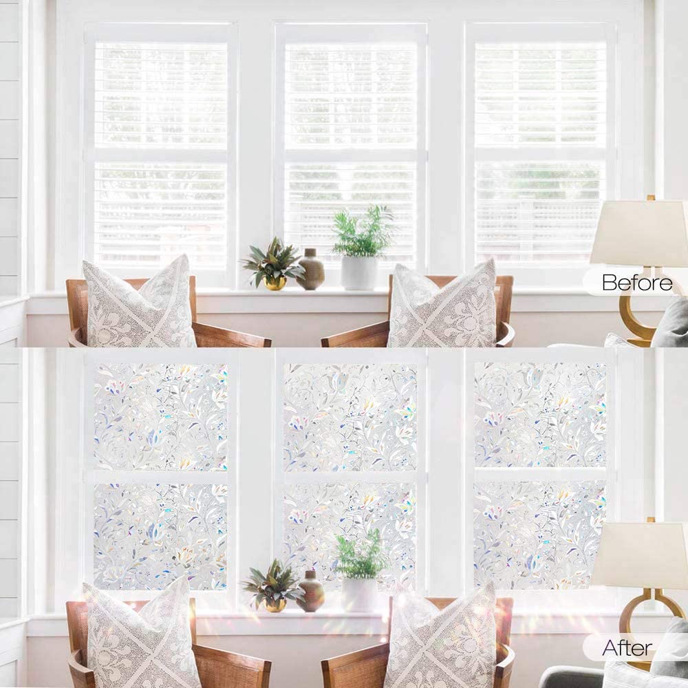 RABBITGOO 3D Decorative Window Films Privacy Static Cling Glass Window Film Non-Adhesive Heat Control Anti UV Flower Patten for Home Kitchen Bedroom