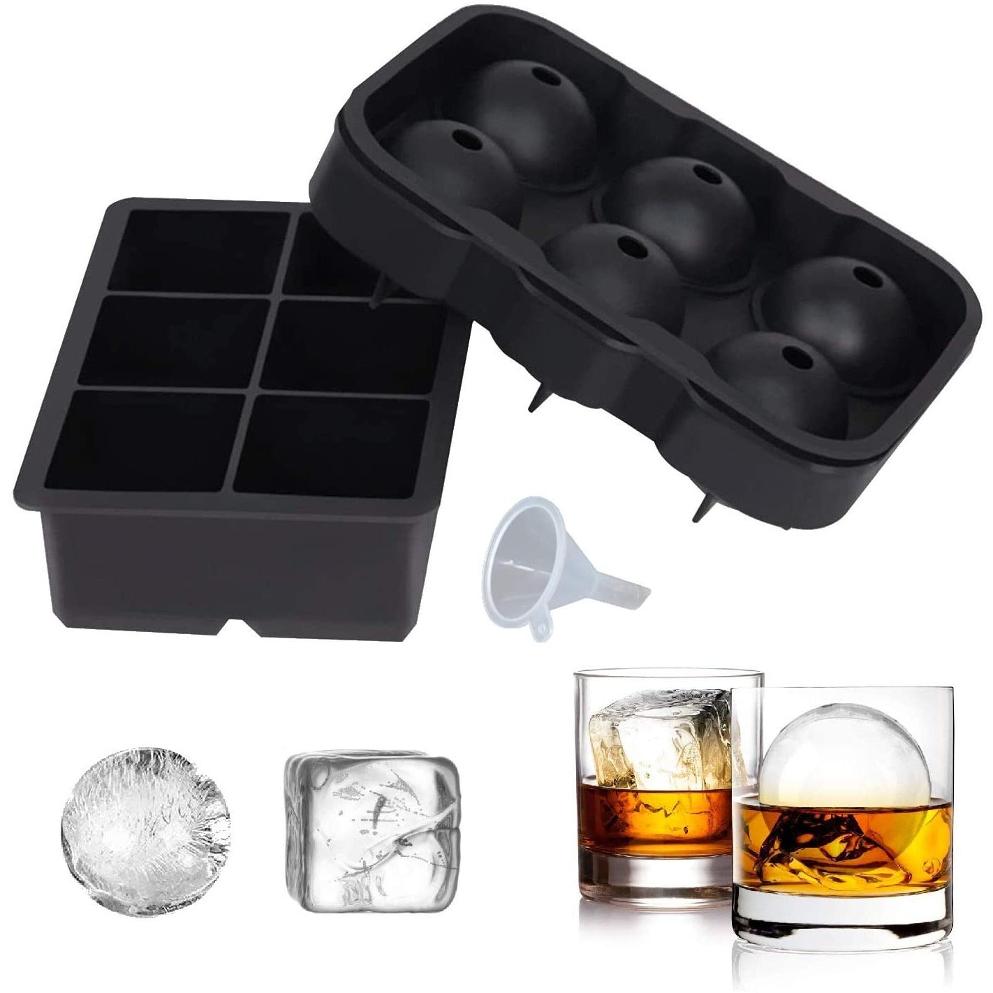 SUNSET Silicone Ice Cube Tray– Set of 2 Large Ice Cube Molds | Square & Sphere Ice Ball Maker for refrigerator | for Whiskey, Cocktails & more Reusable and BPA Free