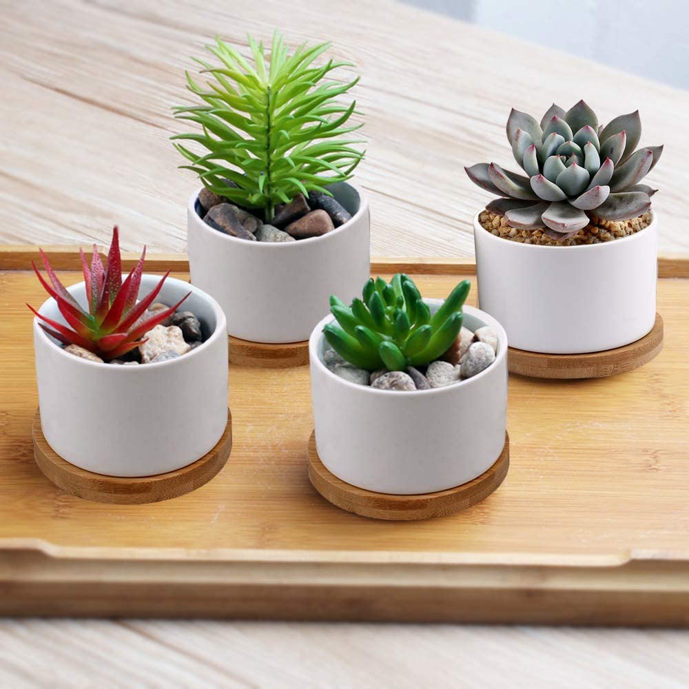 Succulent Planter ZOUTOG White Mini 3.15 inch Ceramic Flower Planter Pot with Bamboo Tray Pack of 4 (Plants NOT Included)