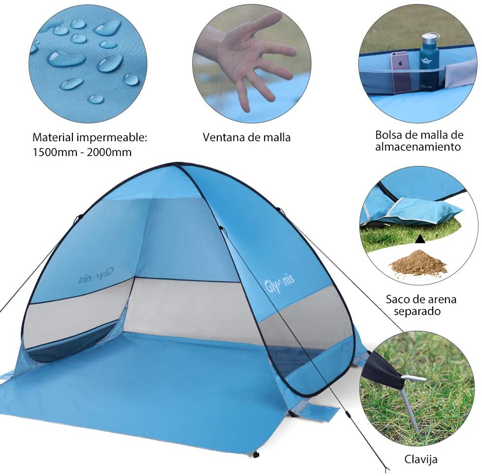 Glymnis Beach Tent Pop Up Tent Beach Sun Shelter Portable Sun Shade UPF 50+ for Outdoor Activities with Carry Bag Blue