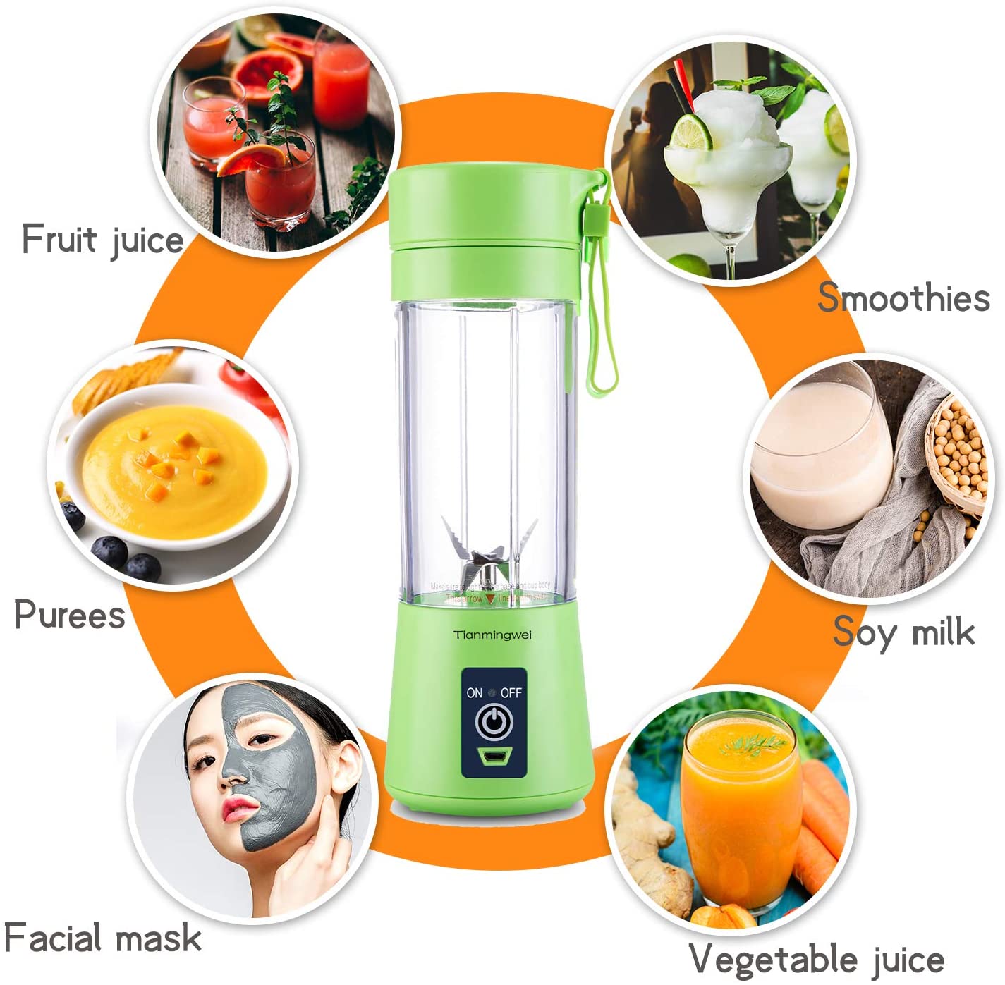 Portable blender Personal 6 Blades Juicer Cup Household Fruit Mixer, With Magnetic Secure Switch, USB Charger Cable 380ML(Green)