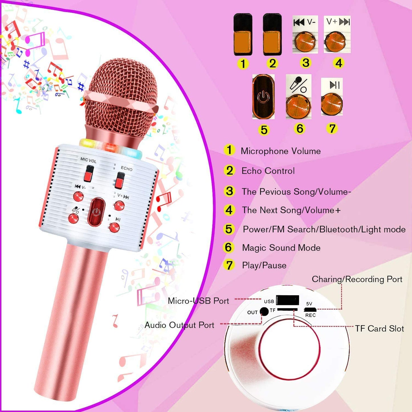 CREUSA Wireless Microphone, Portable Cordless Mic Handheld Karaoke Family, Kids Player KTV Speaker with LED Ideal for Karaoke (Pink)