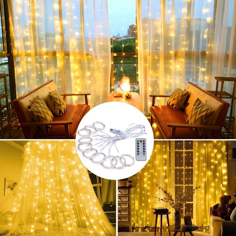 Fairy Curtain Lights, Amaze-T 300 LED Window Curtain String Light Wedding Party Home Garden Bedroom Outdoor Indoor Wall Decorations (Warm White)