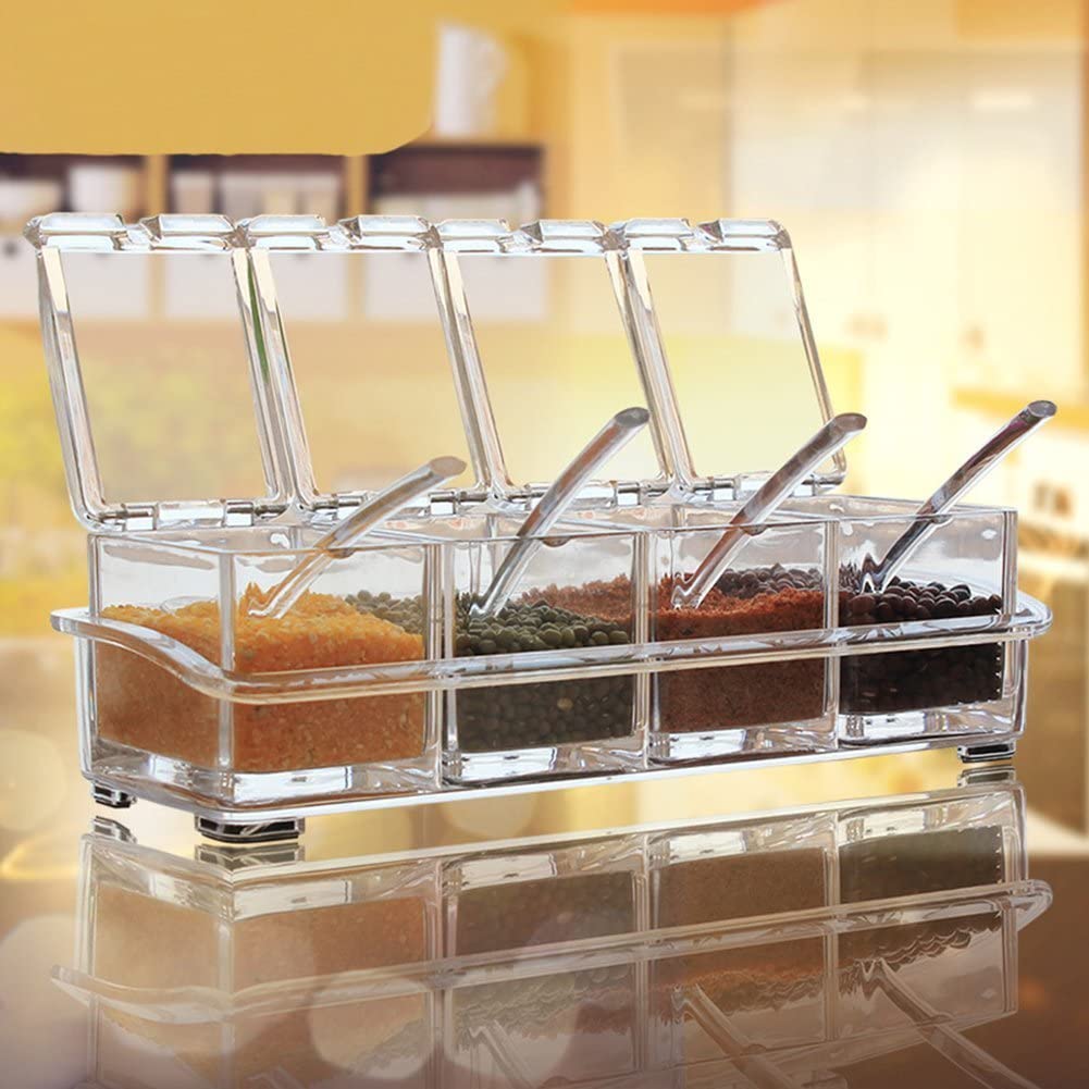 Clear Seasoning Rack Spice Pots by AIQI - 4 Piece Acrylic Seasoning Box - Storage Container Condiment Jars - Cruet with Cover and Spoon