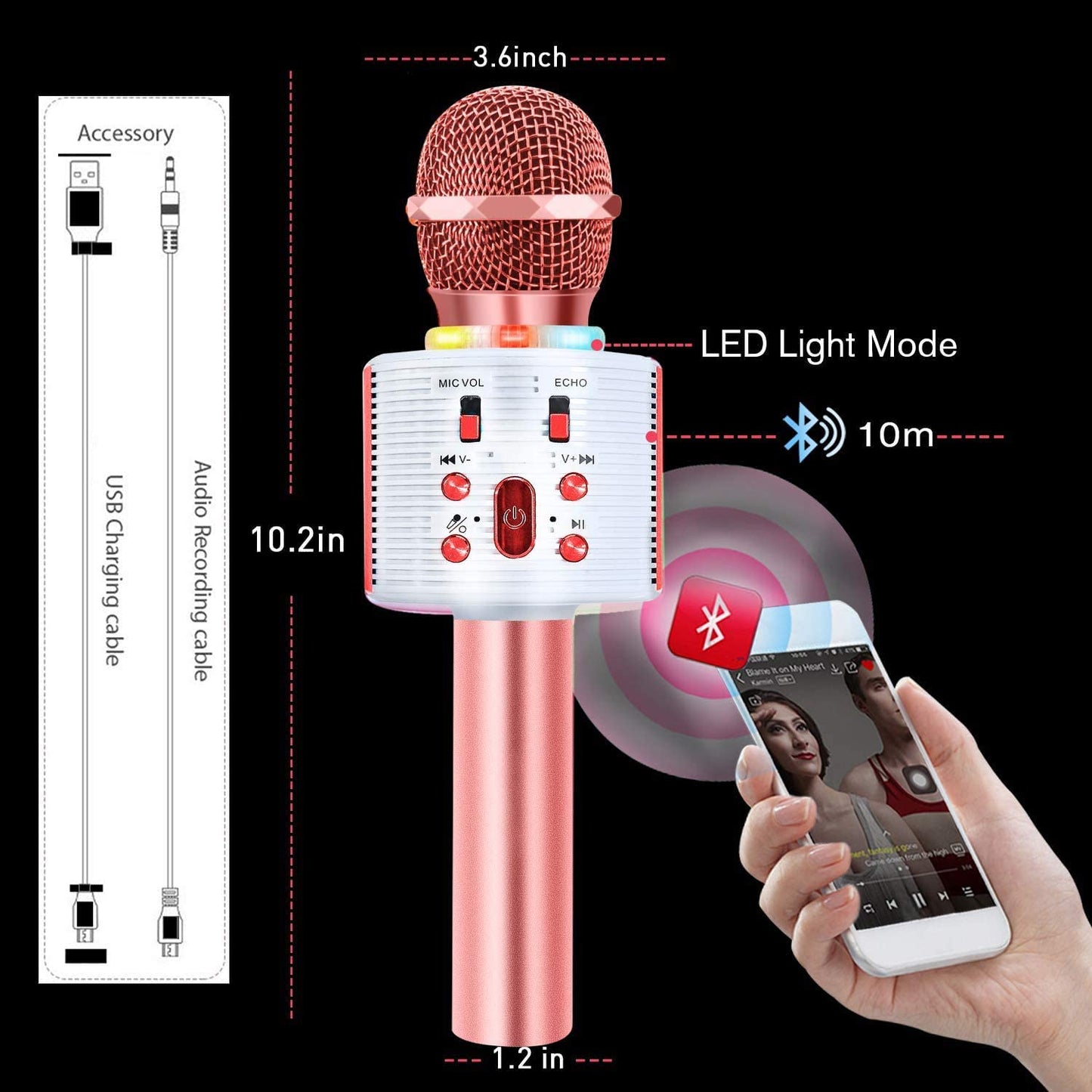 CREUSA Wireless Microphone, Portable Cordless Mic Handheld Karaoke Family, Kids Player KTV Speaker with LED Ideal for Karaoke (Pink)