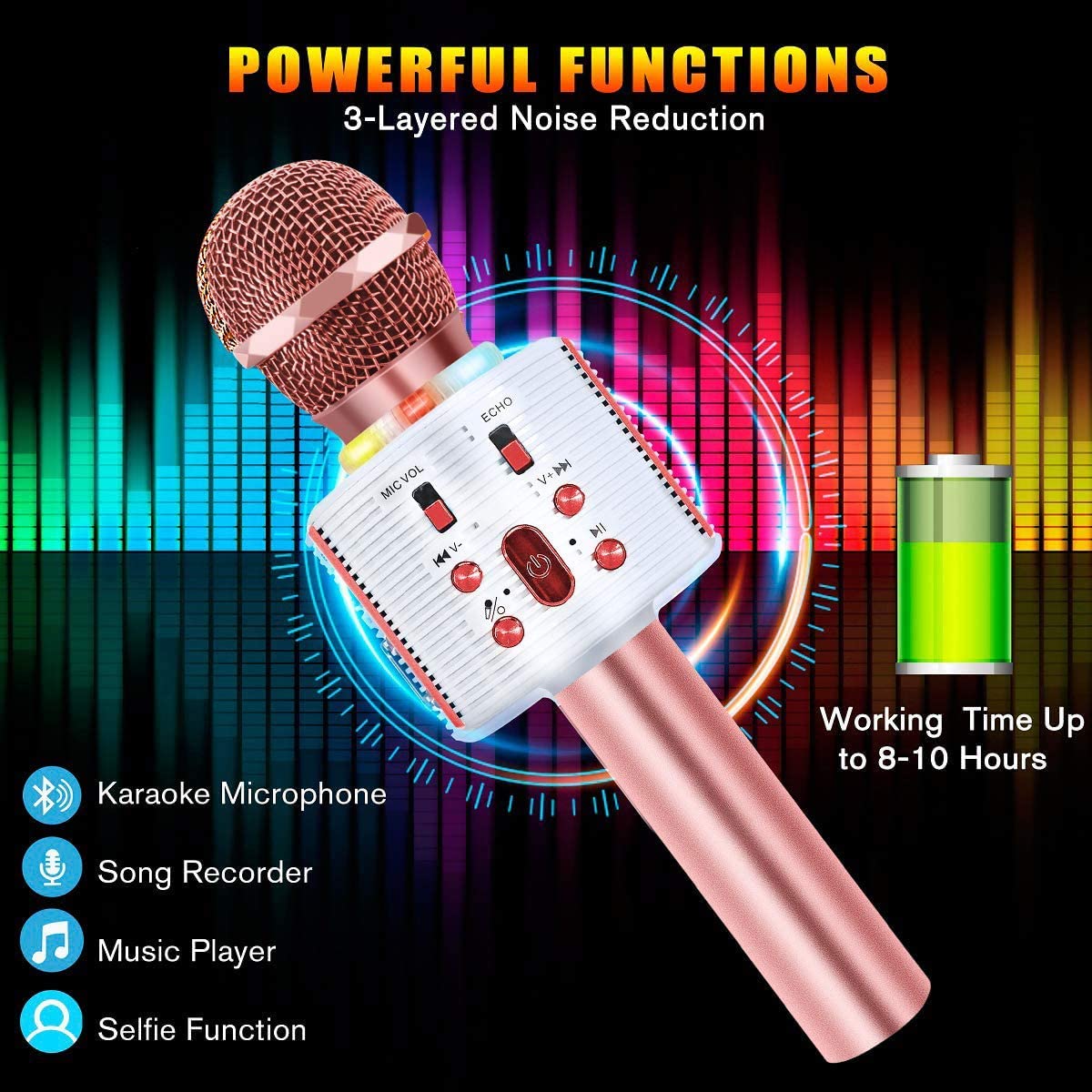 CREUSA Wireless Microphone, Portable Cordless Mic Handheld Karaoke Family, Kids Player KTV Speaker with LED Ideal for Karaoke (Pink)