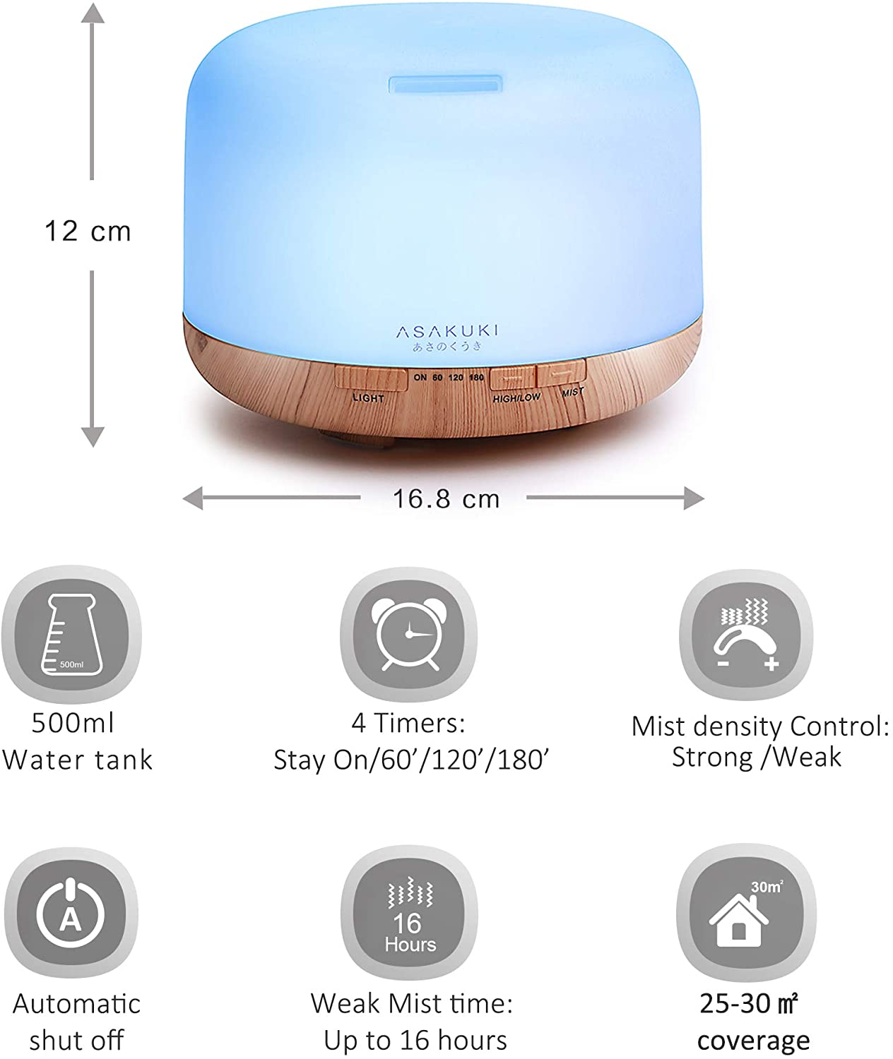 ASAKUKI 500ml Essential Oil Diffuser, 5 in 1 Ultrasonic Aromatherapy Fragrant Oil Vaporizer Humidifier, Timer and Auto-Off Safety Switch