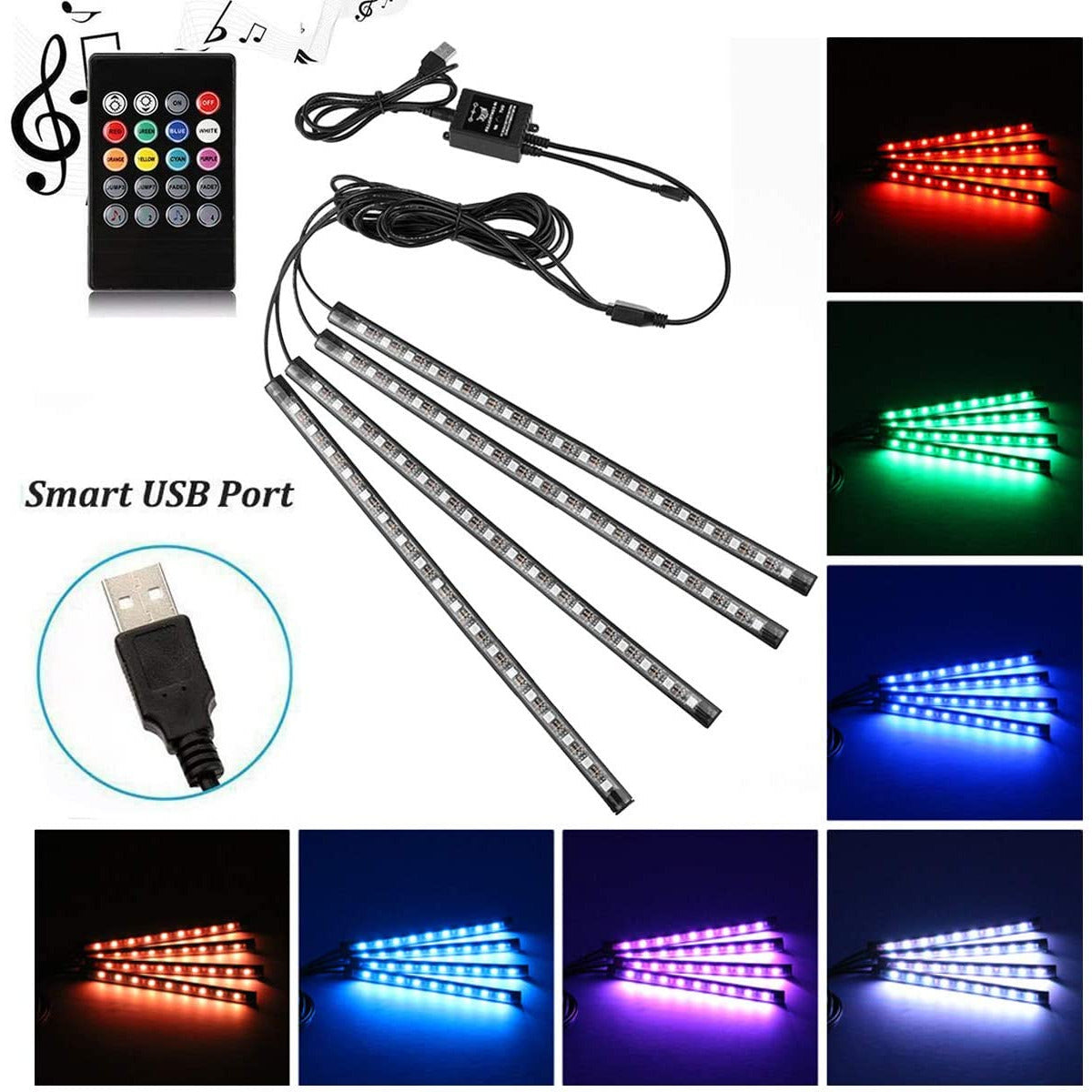 Car LED Strip Light, Uniwit 4 Pcs Multicolor USB Lights for Car, TV, Home with Sound Active Function, Wireless Remote Control