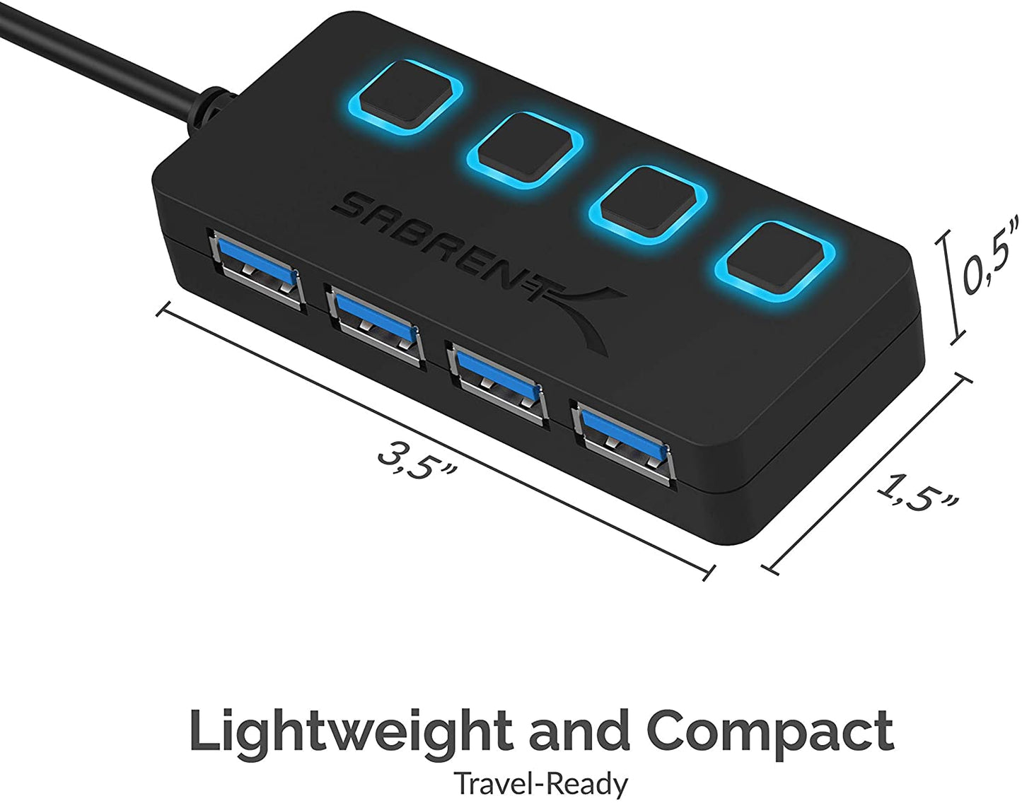 Sabrent 4-Port USB 3.0 Data Hub with Individual LED Power Switches | 2 Ft Cable | Slim & Portable (HB-UM43)