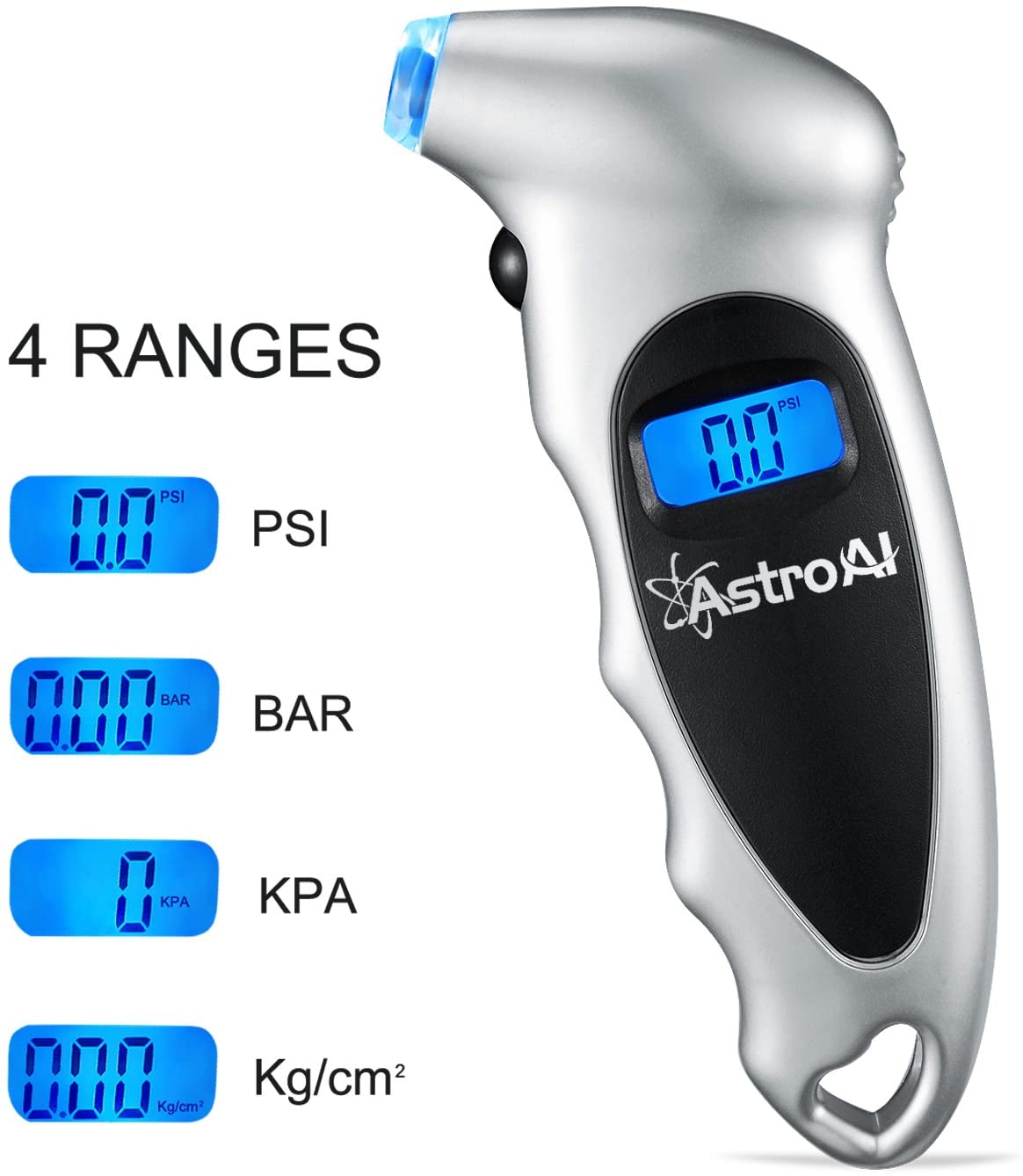 AstroAI Digital Tire Pressure Gauge 150 PSI 4 Settings for Car Truck Bicycle with Backlit LCD and Non-Slip Grip, Silver (1 Pack)