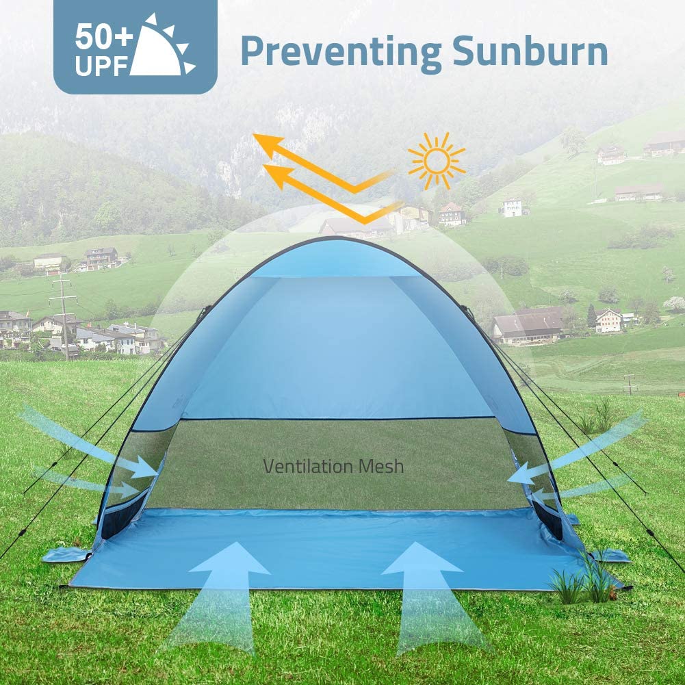 Glymnis Beach Tent Pop Up Tent Beach Sun Shelter Portable Sun Shade UPF 50+ for Outdoor Activities with Carry Bag Blue