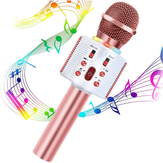 CREUSA Wireless Microphone, Portable Cordless Mic Handheld Karaoke Family, Kids Player KTV Speaker with LED Ideal for Karaoke (Pink)