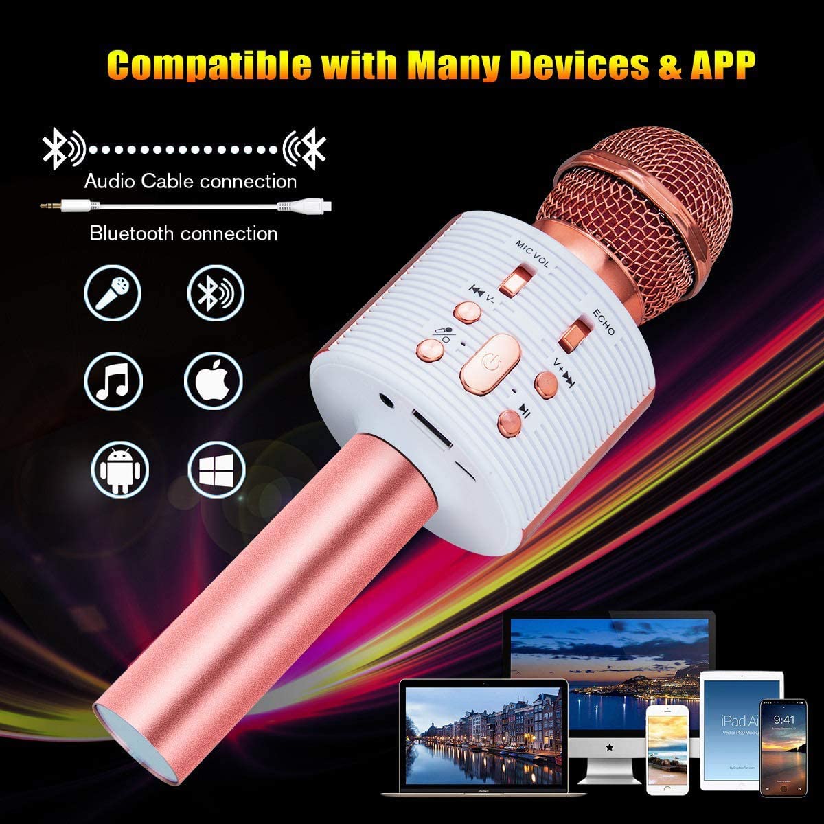 CREUSA Wireless Microphone, Portable Cordless Mic Handheld Karaoke Family, Kids Player KTV Speaker with LED Ideal for Karaoke (Pink)