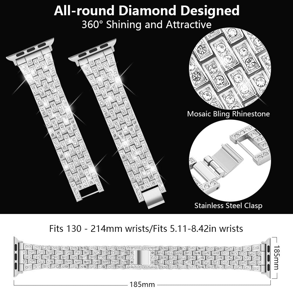 Goton Jewelry Band Compatible with Apple 5,4,3,2,1 Watch Band 40mm, 38mm, Women Luxury Diamond Bling Crystal Stainless Metal Strap Silver