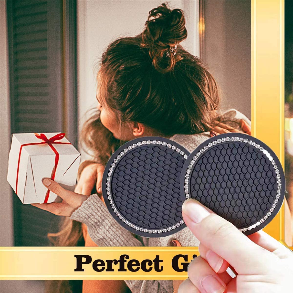 Universal Car Bling Cup Holder Insert Coaster Car Interior Accessories 7 cm(2.75 inch) Silicone Anti Slip Crystal Rhinestone Vehicle Coaster 2 pcs