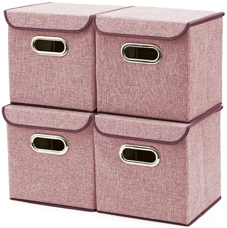 Storage Bins [4-Pack] EZOWare Linen Fabric Foldable Basket Cubes Organizer Boxes Containers Drawers with Lid for Office Nursery Bedroom Shelf