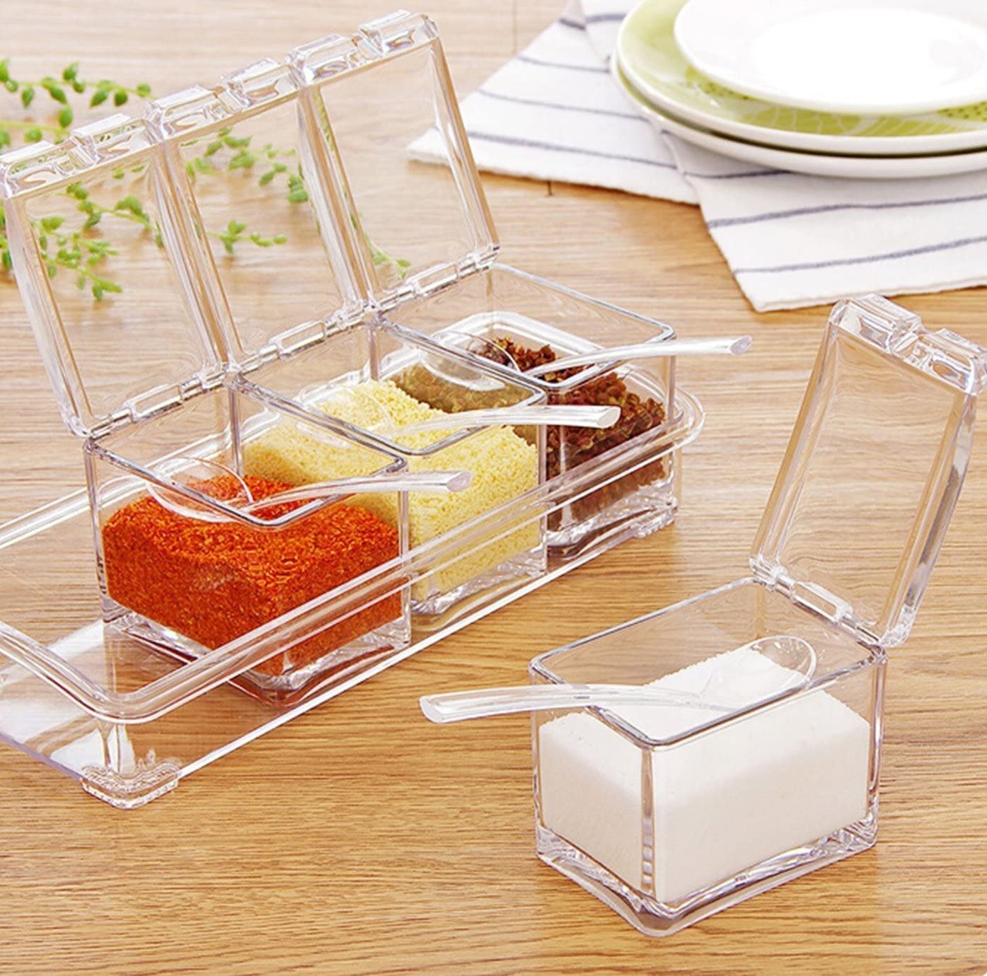 Clear Seasoning Rack Spice Pots by AIQI - 4 Piece Acrylic Seasoning Box - Storage Container Condiment Jars - Cruet with Cover and Spoon