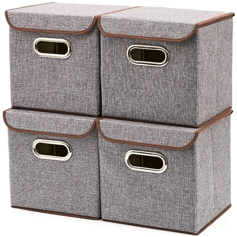 Storage Bins [4-Pack] EZOWare Linen Fabric Foldable Basket Cubes Organizer Boxes Containers Drawers with Lid for Office Nursery Bedroom Shelf